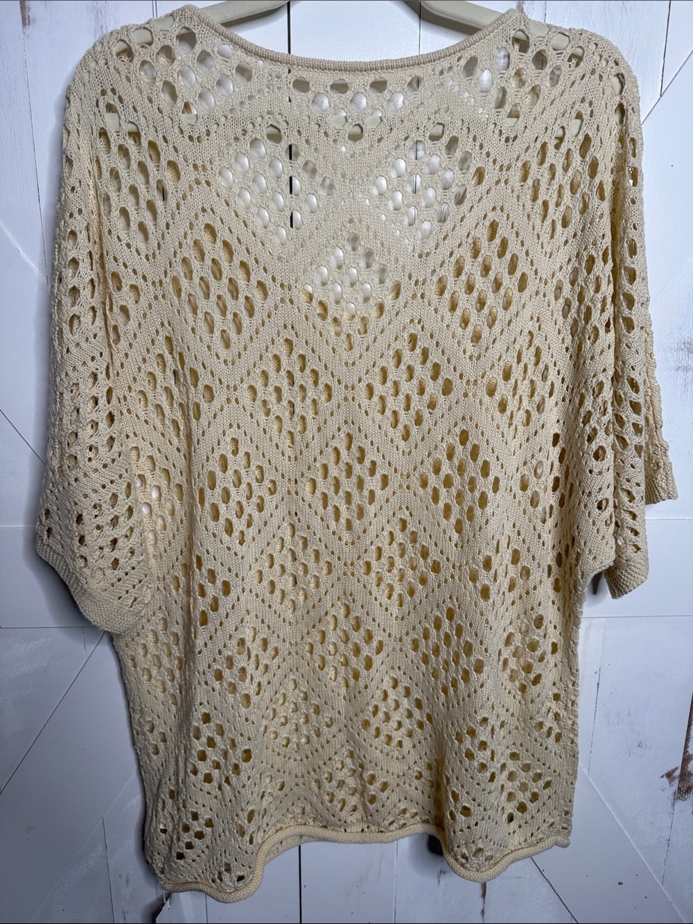 Creamy Beige Open Weave Diamond Crochet Knit Batwing Beach Top - Picture 8 of 11
